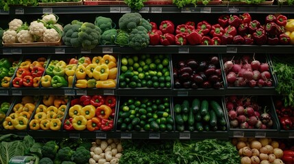 Poster - A variety of fresh vegetables in a grocery store aisle. Ideal for food and nutrition concepts