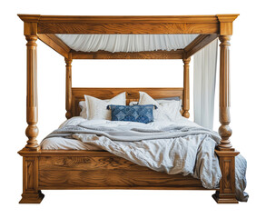 Wall Mural - Classic wooden four-poster bed with elegant bedding, cut out - stock png.