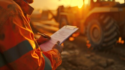 Aufkleber - A man in an orange jacket writing on a clipboard. Suitable for business and office-related concepts