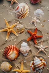 Poster - Seashells and starfish scattered on sandy beach. Perfect for beach vacation concepts