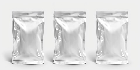 Poster - Three shiny silver foil bags on a plain white background, ideal for product packaging concepts