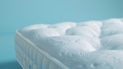 Poster - Close up view of a mattress on a blue surface. Suitable for home decor or interior design concepts