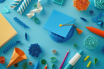 Poster - Various colored objects arranged on a blue table. Suitable for home decor or interior design concepts
