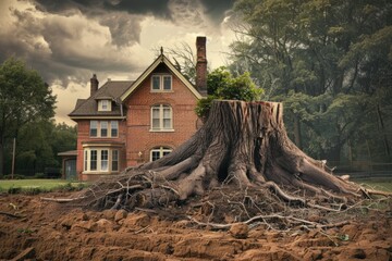 Poster - A tree stump with a house in the background, suitable for nature or real estate concepts