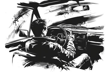 Poster - Detailed black and white illustration of a man driving a car. Perfect for automotive and transportation concepts