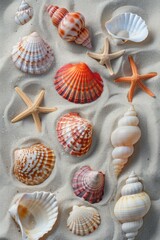 Poster - Shells and starfish scattered on sandy beach. Suitable for beach and summer themed designs