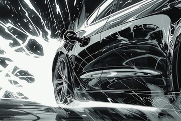 Aufkleber - A dramatic black and white photo of a car engulfed in flames. Perfect for illustrating danger or destruction