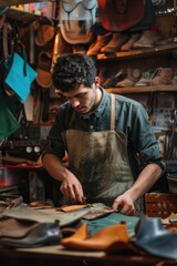 Poster - A man in an apron working on a piece of wood. Suitable for woodworking and DIY projects