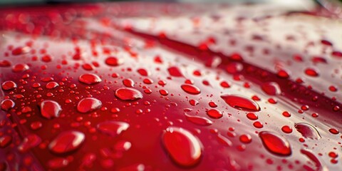 Poster - Close up of water droplets on a vibrant red car, perfect for automotive or weather-related projects