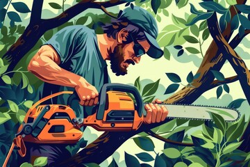 Poster - A man holding a chainsaw in a tree, suitable for horror themes