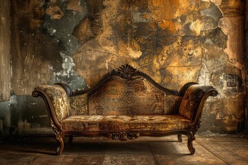 Poster - A cozy couch placed in front of a weathered wall. Suitable for interior design concepts
