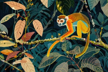 Poster - A monkey sitting on a tree branch. Suitable for nature and wildlife themes