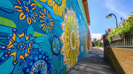 A beautiful, colorful outdoor wall, vibrant with shades of blue, green, and yellow, adorned with intricate patterns and artwork 