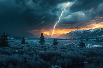Poster - Powerful lightning bolt striking through dramatic cloudy sky. Suitable for weather and natural disaster concepts