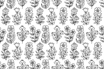 Poster - Line art hand drawn flowers seamless pattern. Floral pattern with decorative flower designs. Outline, contour spring flowers Botanical sketches, wildflower blossom, with hand drawn illustrations.
