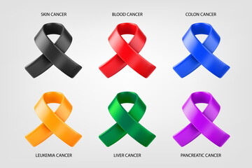 Poster - Cancer awareness symbols set. 3d vector color ribbons isolated on white background