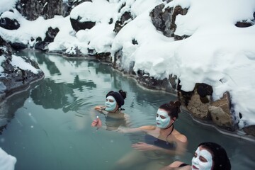 Sticker - Three women with facial masks enjoy a relaxing soak in a snowy hot spring surrounded by winter landscape.