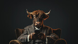 Fototapeta  - A businessman bull holding a smartphone while looking at the camera. Smart bull uses phone to surf the internet.