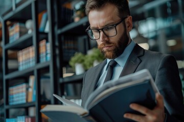 Poster - A man sitting and reading a book in a library. Suitable for educational and academic concepts