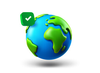 Aufkleber - The Earth with checkmark icon isolated on white background. 3d vector illustration