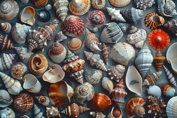 Aufkleber - Various types of shells displayed on a table. Suitable for travel or beach-themed projects