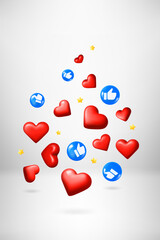 Poster - Flying red hearts and thumbs up symbols. 3d vector illustration