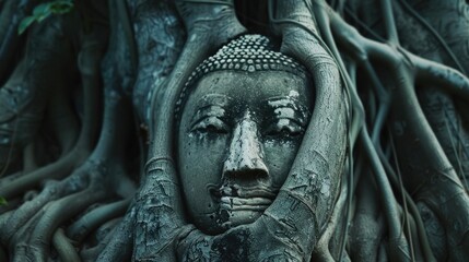 Poster - A unique statue of a face embedded in the trunk of a tree. Suitable for nature and art concepts