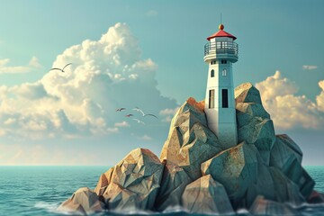 Poster - A picturesque lighthouse standing on a rocky outcrop in the middle of the vast ocean. Ideal for maritime and navigation concepts