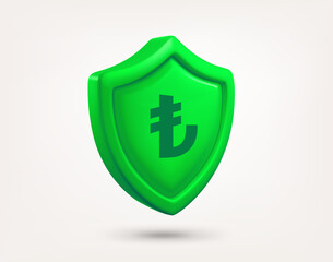 Aufkleber - Green shield with turlish lira currency sign isolated on white background. 3d vector illustration