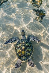 Poster - A turtle gracefully swimming in shallow water. Perfect for nature and wildlife concepts