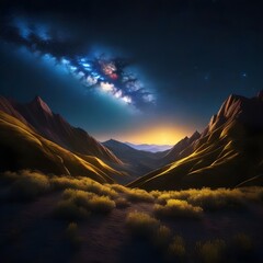 Wall Mural - night landscape with colorful milky way and yellow light at mountains. starry sky with hills at summ