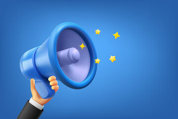 Aufkleber - Bullhorn in a hand. Promotion concept. 3d vector illustration