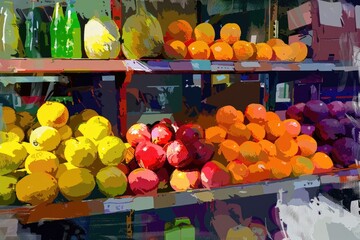 Poster - A variety of fresh fruits on a store shelf. Ideal for food and grocery store concepts