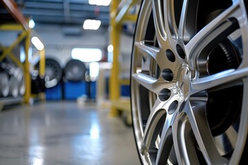 Poster - Detailed shot of a tire in a garage, perfect for automotive industry use