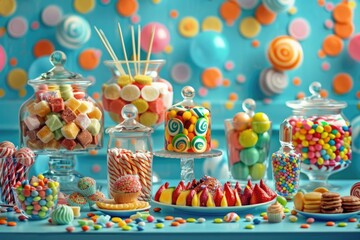 Aufkleber - A variety of candies displayed on a table. Ideal for party themes or dessert concepts