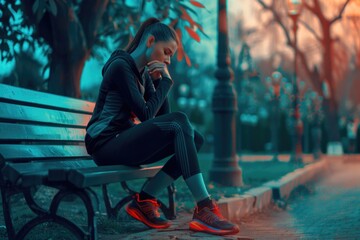Poster - Woman sitting on bench talking on cell phone. Suitable for technology and lifestyle concepts