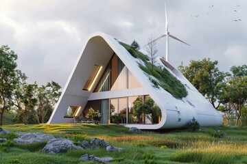 Poster - A modern house with a green roof and a wind turbine on top. Perfect for eco-friendly concepts