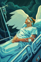 Wall Mural - A man laying in a hospital bed with an angel on his head. Suitable for medical and spiritual concepts