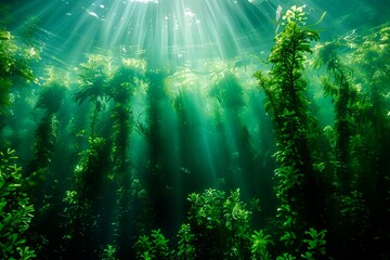 Seaweed forest landscape. Sunbeams coming from above. Bright scene. World ocean day