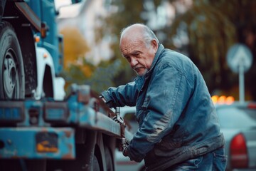 Poster - Elderly man repairing a truck, suitable for automotive industry