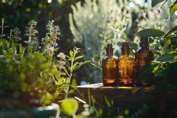 Poster - Group of bottles on a rustic wooden table, suitable for various projects