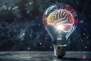 Wall Mural - A lightbulb with a glowing brain inside, symbolizing creativity, innovation, and bright ideas against a blurred dark background.