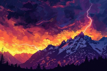Poster - A striking painting of a mountain with lightning. Suitable for various design projects