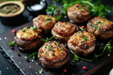 Poster - A plate of stuffed mushrooms on a table. Great for food blogs