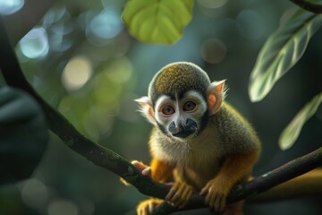 Poster - A small monkey perched on a tree branch. Ideal for nature and wildlife themes