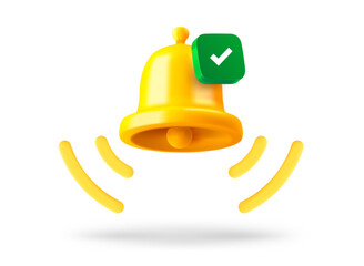 Aufkleber - Ringing bell with checkmark icon. 3d vector object isolated on white background