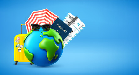 Poster - Summer vacation concept with the Earth and travel elements. 3d vector banner with copy space