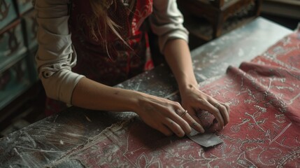 Canvas Print - Woman using knife to cut fabric, suitable for fashion or DIY projects