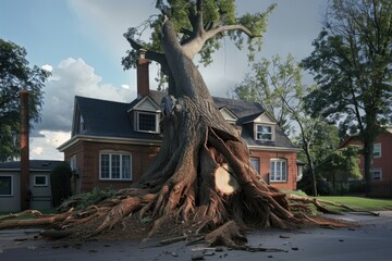 a fallen tree blocking the entrance to a house. suitable for insurance or natural disaster concepts