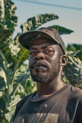 Poster - A man standing in front of a bunch of artichokes. Suitable for food and agriculture concepts